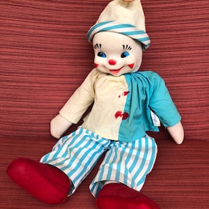 Clown - Gund - Happy Clown - Blue and White Striped - Pom Pom Hat - Red Shoes -Soft Doll - Fabric Doll - Expressive Face - Collectible