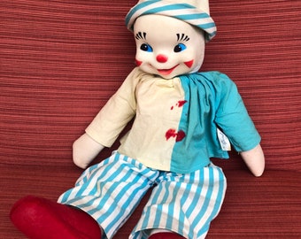 Clown - Gund - Happy Clown - Blau weiß gestreift - Pom Pom Mütze - Rote Schuhe - Stoffpuppe - Ausdrucksvolles Gesicht - Sammlerstück