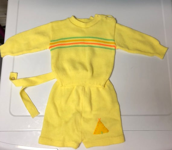Vintage Baby Outfit - Yellow - Sweater - Shorts - TeePee on Shorts - Striped Sweater - Little Boy Outfit - Shorts with Suspenders