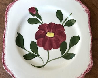 Blue Ridge - Petite assiette - Fleurs roses - Feuilles vertes - Pas de tampon au dos - Peint à la main sous glaçure - Poteries du Sud - Made in USA - petite puce