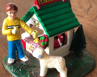 Dept 56-Ben and Buddys Lemonade Stand-Damaged-Dept 56 Accessory-Boy and Dog-2001-Ceramic-No Box-Lemonade 5 Cents-Christmas Village Accessory