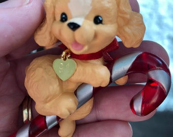 Puppy Love-Hallmark-Keepsake Ornament-Dated 1991-First in the Puppy Love Series-Brass Dog Tag-Tan and White-Puppy-Candy Cane-Puppy Ornament