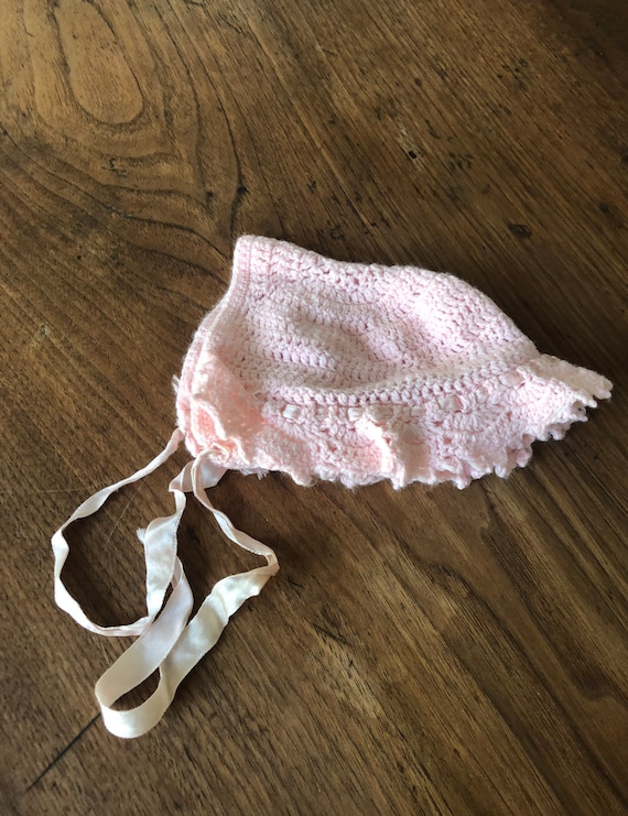 Baby Bonnet - Pink - Small Bonnet - Handmade Baby Bonnet - Handmade - Pink Bonnet with Pink Ribbons - Vintage Baby Bonnet - Baby Doll Bonnet