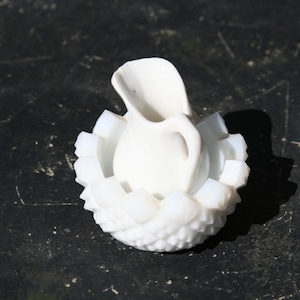 Dollhouse Miniature-Miniature Water Pitcher and Wash Bowl-White Pitcher and Bowl-Miniature Pitcher and Bowl-White-Glass-Dollhouse Accessory