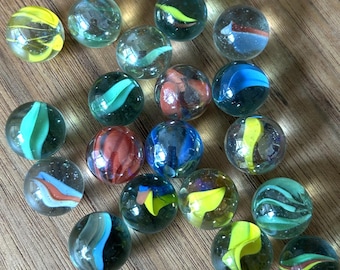 Billes - 16 mm-19 billes-transparentes avec différentes couleurs tourbillonnantes-jaune-rouge-bleu-vert-blanc-oeil de chat-yeux de chat