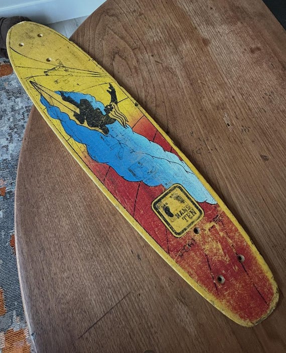 Skateboard - Vintage Skateboard - Hang Ten - Sport Board - Surfer - Surfer on Wave - Yellow - Red - Blue - Black- Back Side Painted Black