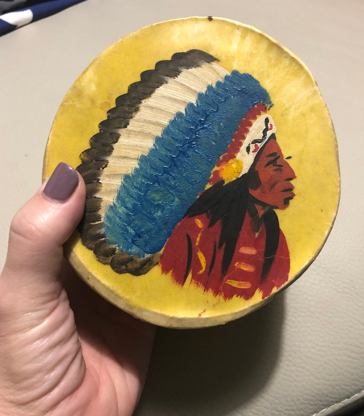 Seminole Drum Toy-Tom Tom-Childs Toy-Decorated Toy Drum-Seminole Painting-Made in Florida By Buffalo Tiger-Handmade-Seminole Portrait