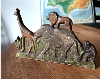 Butée de porte en fonte lourde, motif animal de la jungle, girafe, lion, éléphant, singe, butée de porte antique, peinture, décoration de chambre d'enfant, chambre d'enfant