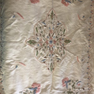 Handmade rug - embroidery - wall hanging - lined rug - tapestry - cream color - blue - pink - nursery - tan - small rug - rectangular rug