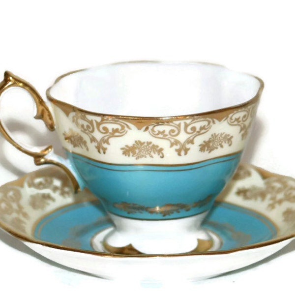 Royal Albert - Teacup and Saucer - Crown China - England - Mayfair - Fine Bone China - Bone China - Gold Trim - Turquoise - Blue - Roses