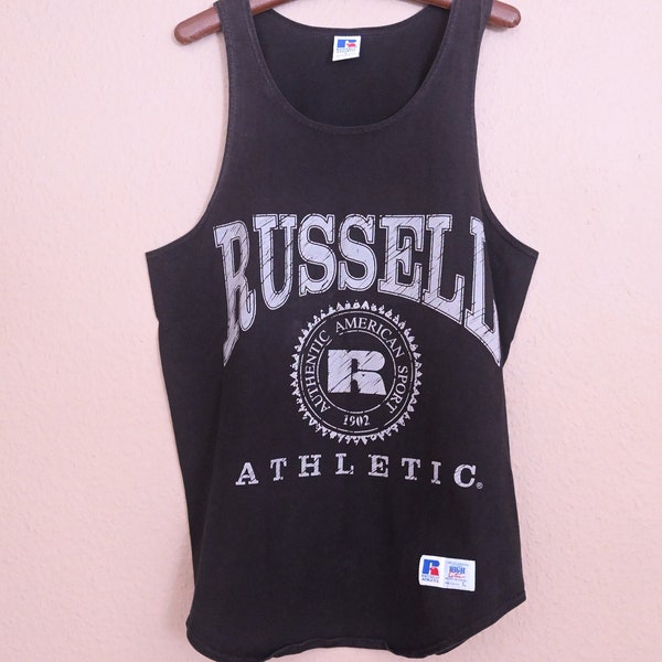 Vintage Russell Athletic Tank Top Männer Schwarz Grau Made in USA High Cotton