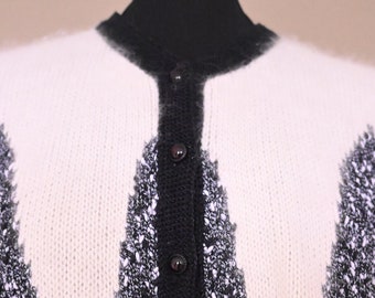 Vintage Cardigan Frauen 80er Schwarz Grau Weiß - mit Angora und Wolle