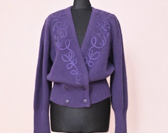 vintage Cardigan Pullover Femme laine angora 80s violett lilas profond encolure
