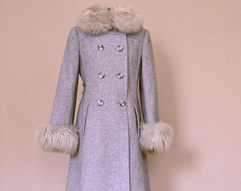 Vintage Mantel Frauen 60er 70er Grau Opulenter fellkragen Fellärmel