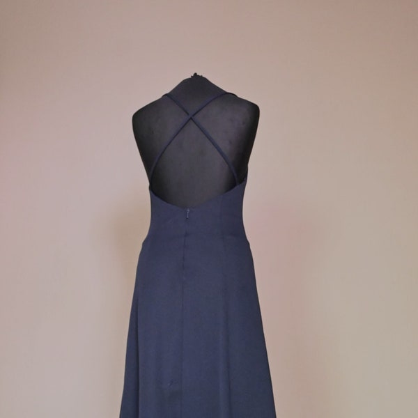Vintage Kleid 70er marine dunkelblau bis schwarz  Rückenfrei schulterfrei Schwarz A Linie trägerkleid