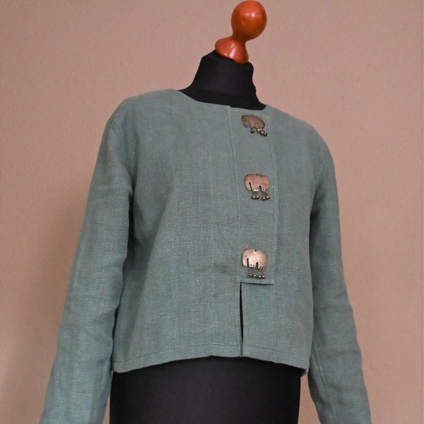 Vintage Blazer Ethno Damen Kurz Grün aus Hanf Elefant India