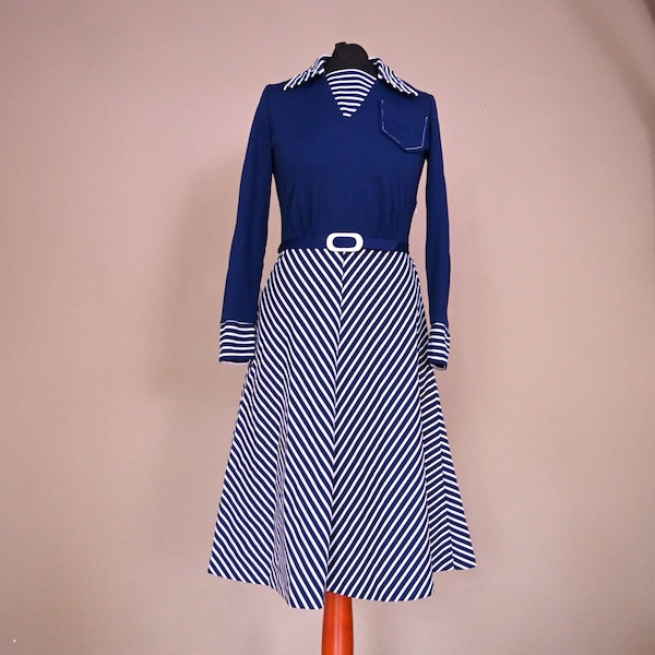 Robe vintage Flared 60s 70s Sailor VEB DDR Production bleu blanc A-Line