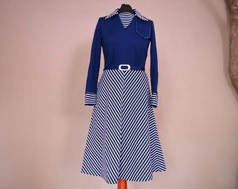 Robe vintage Flared 60s 70s Sailor VEB DDR Production bleu blanc A-Line