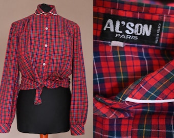 Blouse Women 60s 70s red Checks Tartan Pattern Cotton Al Sons Paris France