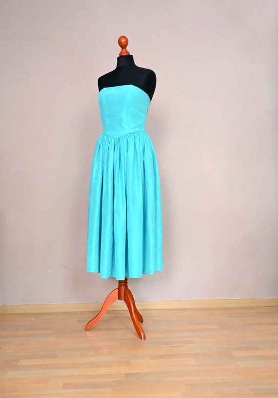 Vintagekleid seide 80er Türkis Bandeaukleid