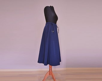 Skirt 70s 80s Navi Blue Wrap Skirt Flared Cut A-Line