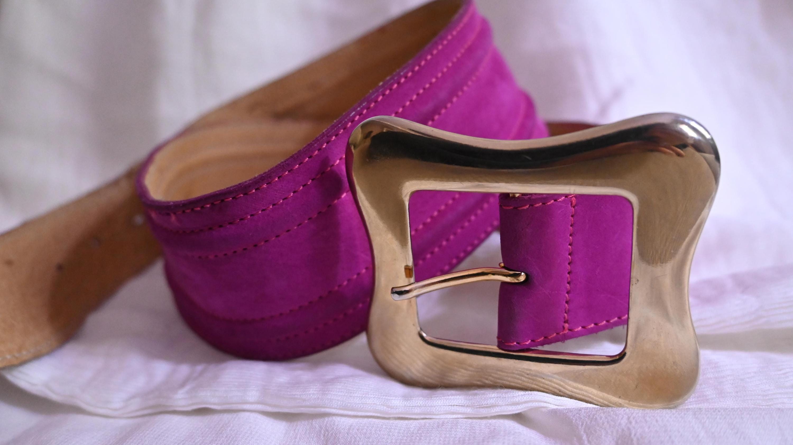 Lanzetti Belt 80s Leather Suede Pink Big Golden Buckle Wide  display picture 2