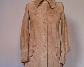 Chaqueta de piel de ante para mujer, color beige, original de los años 60, con cuello de tiburón grande
