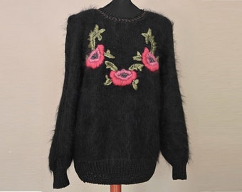 Vintage Mohair Pullover Schwarz Pink Rosen "Melyna Style" France