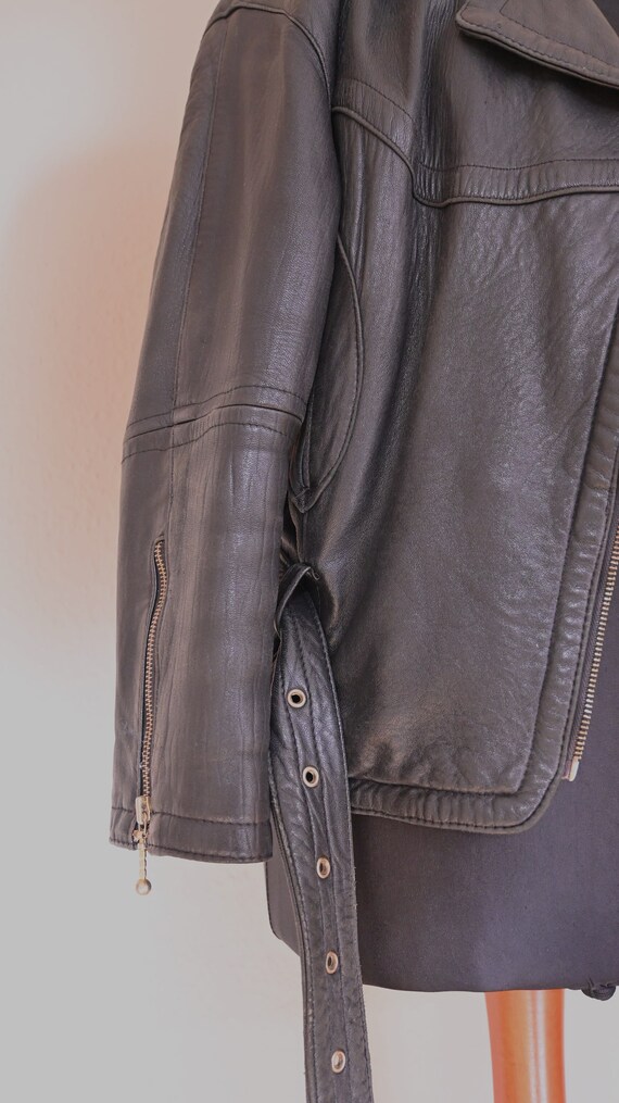 Leater Jacket 80s Women Short Black Belt Rock Biker Jacket
