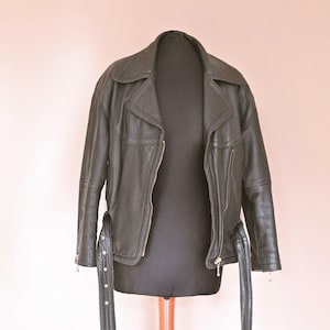 Leater jacket 80s women short black Belt Rock Biker Jacket