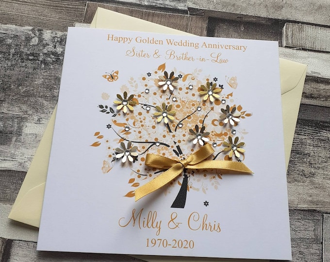 50th Wedding Anniversary Card, Embroidery Art Print Card Golden Wedding
