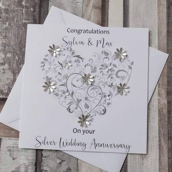 Silver 25th Wedding Anniversary Card,handmade personalised card, Silver Wedding Card Congratulations card, Wedding day card. Personalised