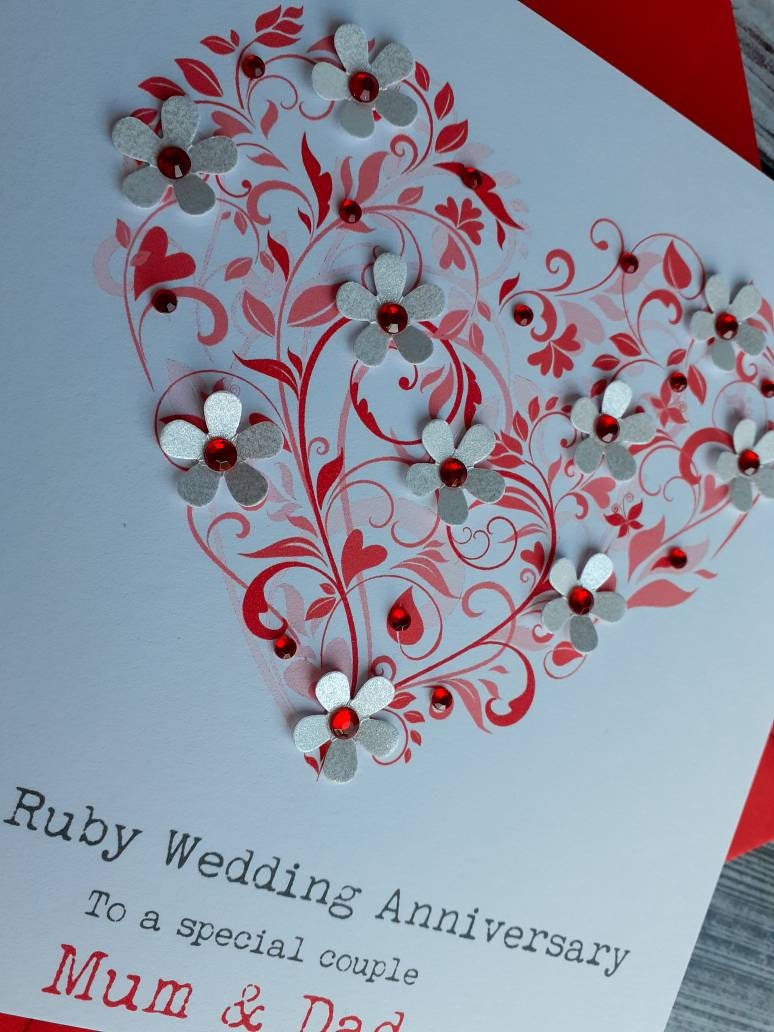 Handmade Ruby 40th Wedding Anniversary- Wedding Day Card Personalised ...