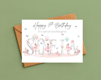May include: A white birthday greeting card featuring the text Happy 8th Birthday To a special Granddaughter. The design includes large grey letters spelling SOFIA, decorated with pink ballet dancers, pastel balloons, flowers, and butterflies.