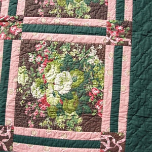 Hand Quilted Floral Green, Pink and Brown Wall Hanging image 3