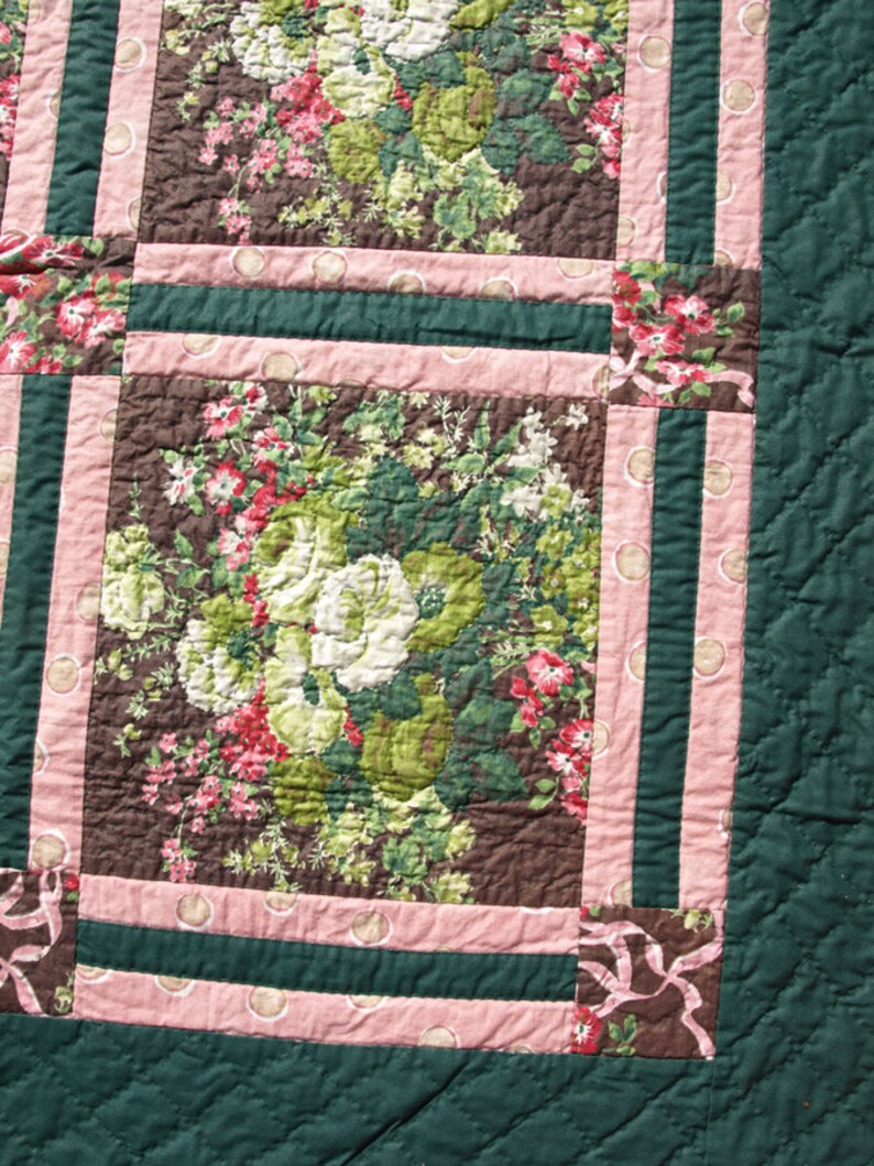 Hand Quilted Floral Green, Pink and Brown Wall Hanging image 3