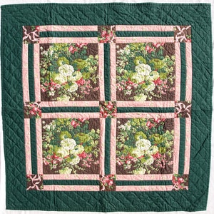 Hand Quilted Floral Green, Pink and Brown Wall Hanging image 1