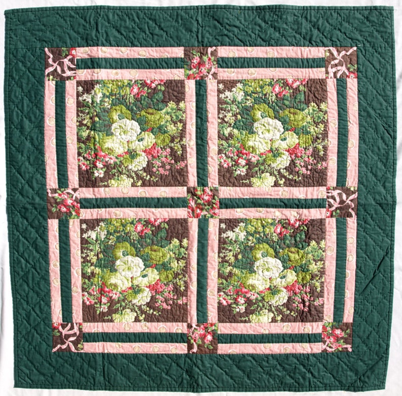 Hand Quilted Floral Green, Pink and Brown Wall Hanging image 1