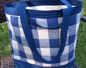 Medium Navy Check/Navy Handle Tote