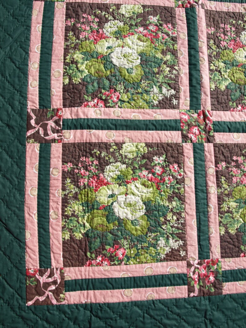 Hand Quilted Floral Green, Pink and Brown Wall Hanging image 4