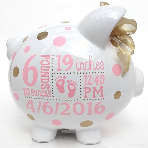 Hand painted & Personalized || Large Birth Stats Piggy Bank || Gold || Pinks || Polka Dots || Classic Coin Bank || 8.5 x 7 x 6.5 inches