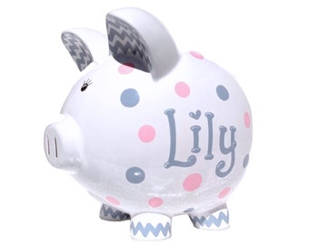 Hand painted piggy bank for girls, boys, baby, toddler, children, shower, samseldesigns, personalized, chevron, 8" custom polka dot gift