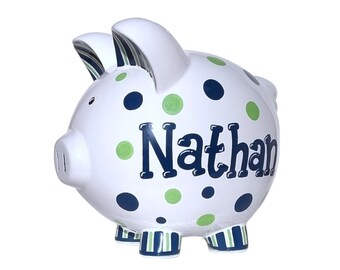 Hand-painted piggy bank personalized for boy baby shower gift for toddler coin bank ceramic navy and green polka dots stripes decor kid room