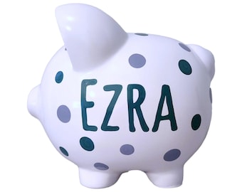 Hand-painted personalized piggy bank for boys handpainted gift for baby shower toddler preschooler custom polka dot piggybank room decor
