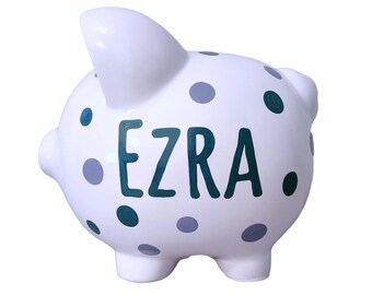 Personalized piggy bank for boys handpainted gift for baby shower, toddler, preschooler, custom hand-painted polka dot piggybank room decor