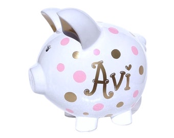 Personalized piggy bank for girl, hand painted custom gift, large ceramic polka dot pig, for baby, toddler, newborn, shower, kids, children