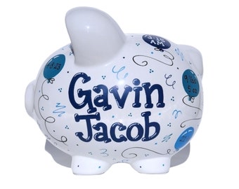 Personalized piggy bank for boys, birth announcement, stats, handpainted, ballons, large coin bank gift for kids, children, baby shower