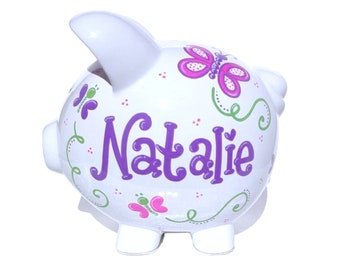 Personalized butterfly piggy bank for girl handpainted coin bank personalized ceramic gift for baby shower decor pink and purple large piggy