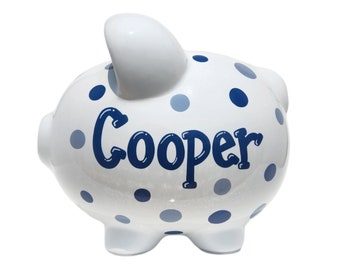 OUTLET 8 inch piggy bank with slight imperfections personalized for boy toddler preschooler handpainted gift room decor Navy Blue polka dot