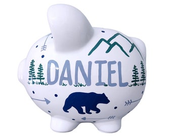 Handpainted bear piggy bank for boy personalized, outdoors mountain adventure theme with arrows, gift for kid, baby shower, toddler, nursery